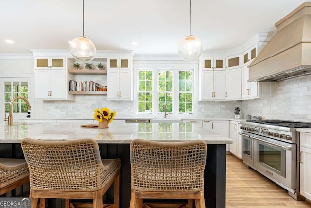 3380 Hill Forest Trl NW, Acworth, GA 30101 - kitchen with decorative backsplash, custom exhaust hood, double oven range, and a sink