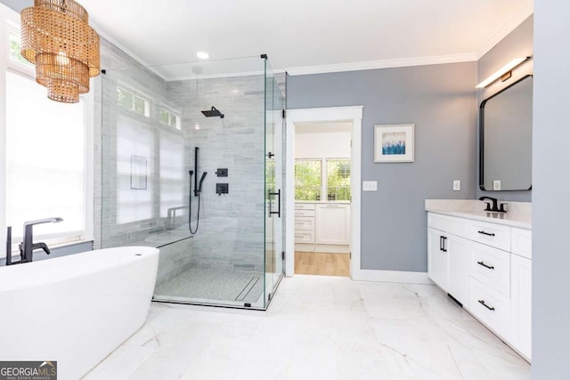 3380 Hill Forest Trl NW, Acworth, GA 30101 - full bathroom with crown molding, a freestanding bath, vanity, marble finish floor, and a shower stall