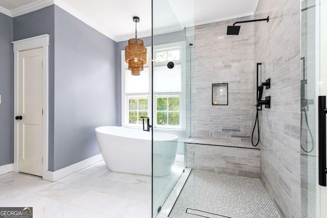3380 Hill Forest Trl NW, Acworth, GA 30101 - bathroom featuring crown molding, a shower stall, baseboards, marble finish floor, and a soaking tub