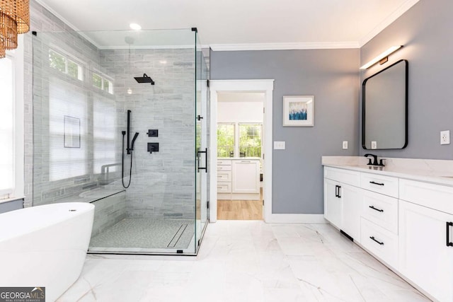 3380 Hill Forest Trl NW, Acworth, GA 30101 - bathroom with vanity, ornamental molding, a wealth of natural light, and a stall shower