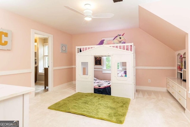 3380 Hill Forest Trl NW, Acworth, GA 30101 - bedroom featuring a ceiling fan, vaulted ceiling, and light carpet