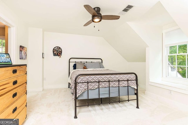 3380 Hill Forest Trl NW, Acworth, GA 30101 - bedroom with visible vents, carpet floors, baseboards, a ceiling fan, and vaulted ceiling