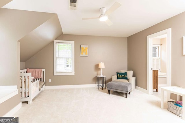 3380 Hill Forest Trl NW, Acworth, GA 30101 - carpeted bedroom featuring a ceiling fan, baseboards, visible vents, and lofted ceiling