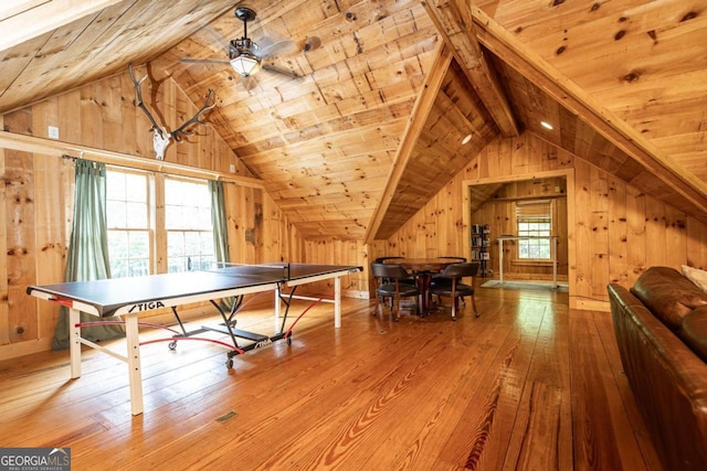 3380 Hill Forest Trl NW, Acworth, GA 30101 - recreation room with wood-type flooring, lofted ceiling, ceiling fan, wooden walls, and wood ceiling