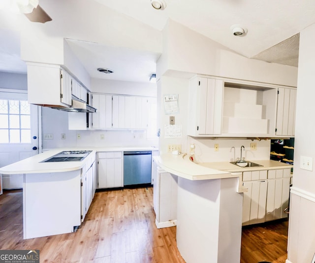 7415 Sierra Dr, Columbus, GA 31904 - kitchen featuring a sink, light wood-style floors, a peninsula, light countertops, and stainless steel dishwasher