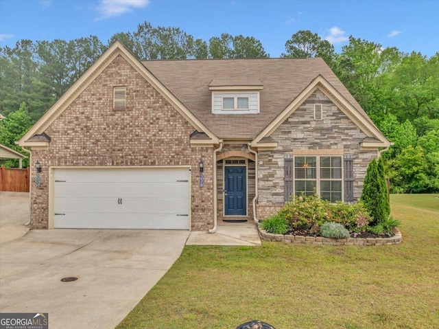 craftsman inspired home with concrete driveway, brick siding, a front lawn, and stone siding