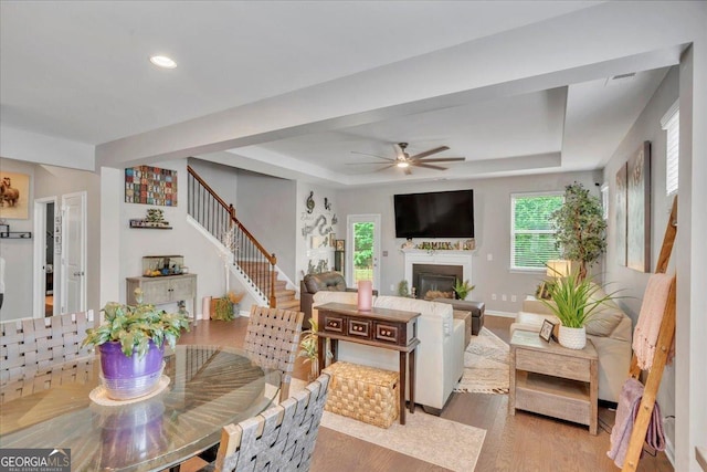 living area featuring stairway, a raised ceiling, and plenty of natural light