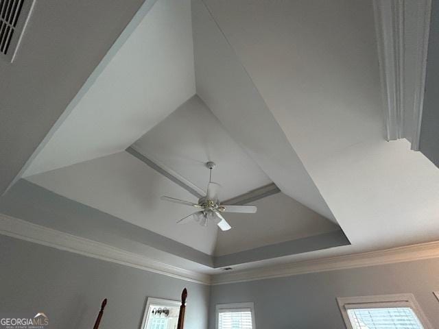 4665 Oakmont Bend Dr, Alpharetta, GA 30004 - detailed view of ornamental molding, a raised ceiling, and a ceiling fan