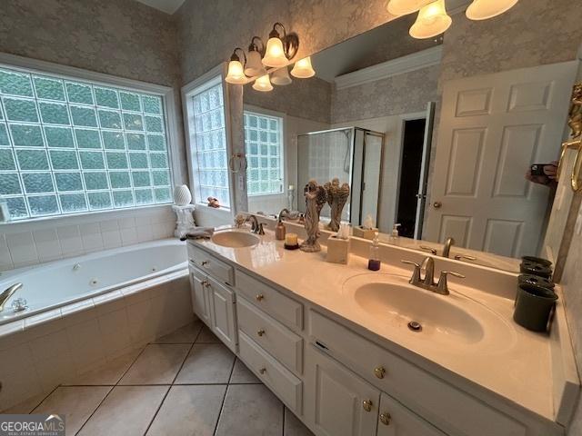 4665 Oakmont Bend Dr, Alpharetta, GA 30004 - full bathroom featuring a chandelier, double vanity, a whirlpool tub, a shower stall, and tile patterned flooring