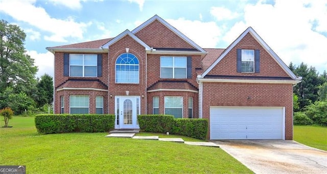 view of front of home featuring concrete driveway, a front lawn, an attached garage, and brick siding