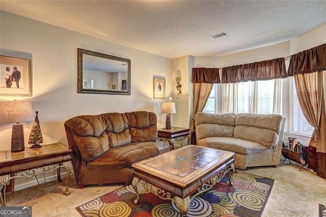 living area with carpet, visible vents, and a textured ceiling