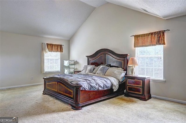carpeted bedroom featuring a textured ceiling, vaulted ceiling, and baseboards