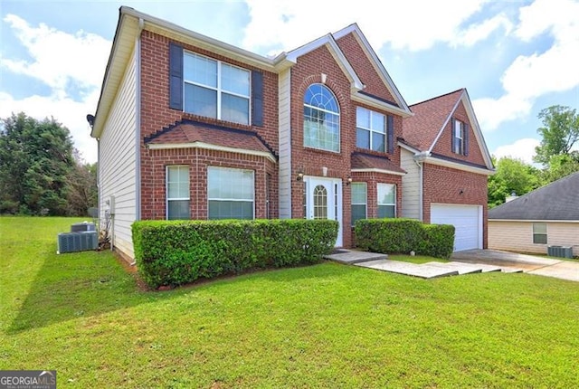view of front of home with brick siding, cooling unit, a garage, driveway, and a front lawn