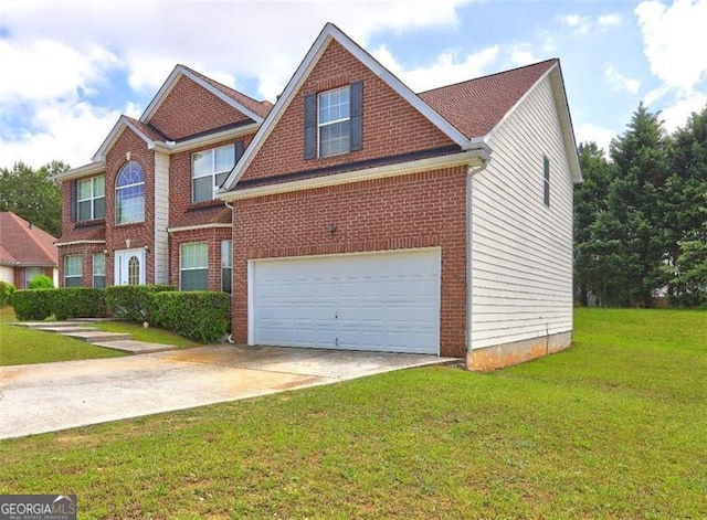 view of front of house with brick siding, a front lawn, concrete driveway, and an attached garage