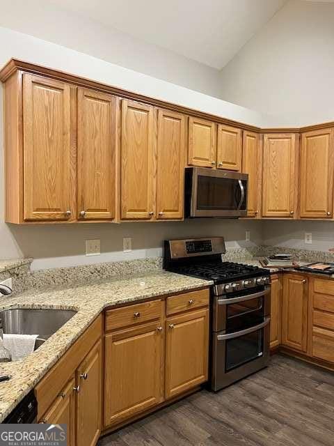 220 Rehobeth Way, Fayetteville, GA 30214 - kitchen with vaulted ceiling, dark wood finished floors, a sink, light stone counters, and stainless steel appliances