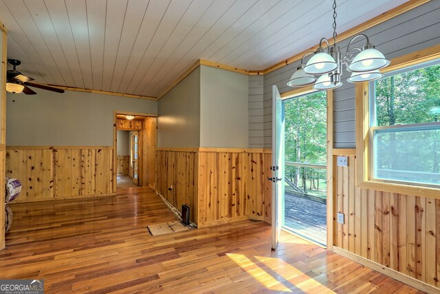 266 Ritchie Rd, Tiger, GA 30576 - interior space featuring wooden walls, a wainscoted wall, hardwood / wood-style flooring, and ceiling fan with notable chandelier