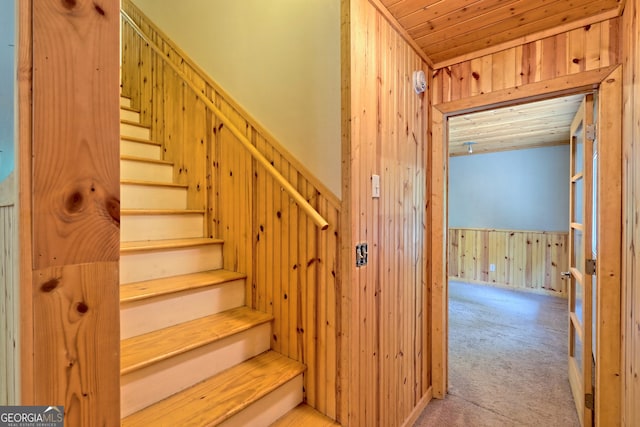 266 Ritchie Rd, Tiger, GA 30576 - staircase with wood walls, carpet floors, and wooden ceiling
