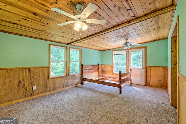 266 Ritchie Rd, Tiger, GA 30576 - unfurnished bedroom with carpet floors, wood ceiling, vaulted ceiling, wood walls, and a wainscoted wall