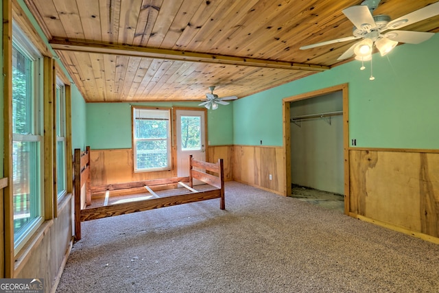 266 Ritchie Rd, Tiger, GA 30576 - unfurnished bedroom with carpet flooring, wooden ceiling, a closet, wood walls, and wainscoting
