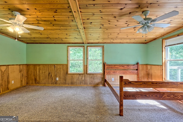 266 Ritchie Rd, Tiger, GA 30576 - unfurnished bedroom with wood ceiling, carpet, a wainscoted wall, wooden walls, and lofted ceiling
