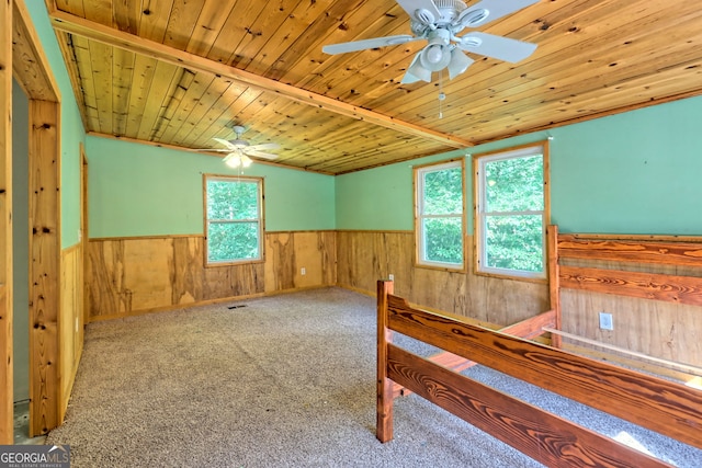 266 Ritchie Rd, Tiger, GA 30576 - bedroom featuring wooden ceiling, wainscoting, carpet, wood walls, and visible vents
