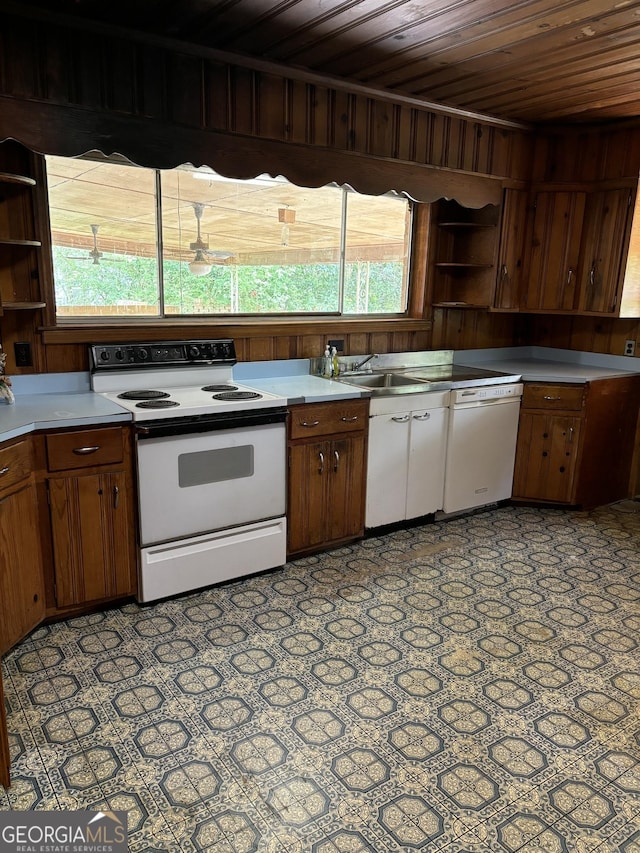 kitchen featuring a sink, white appliances, open shelves, light countertops, and wood ceiling