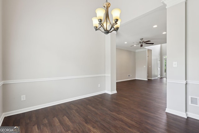 unfurnished room featuring a chandelier, dark wood-style flooring, recessed lighting, baseboards, and a ceiling fan
