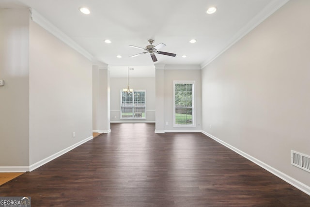 unfurnished living room featuring a chandelier, recessed lighting, crown molding, a ceiling fan, and baseboards