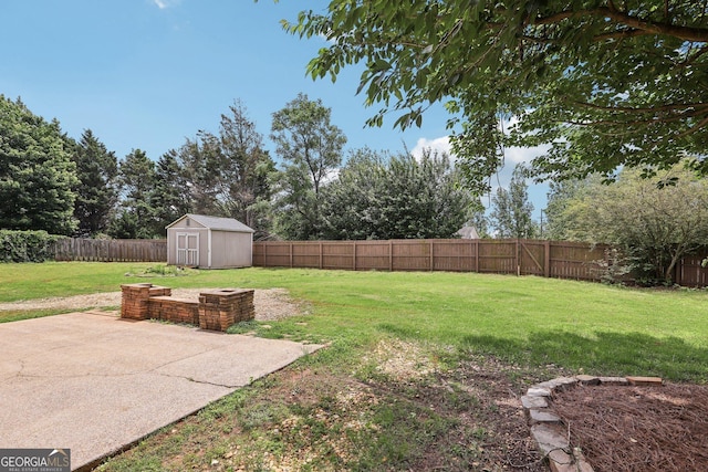 view of yard featuring a storage unit, a patio, and an outdoor structure