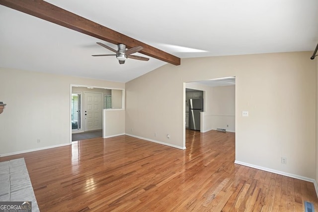 unfurnished living room with lofted ceiling with beams, light wood finished floors, baseboards, visible vents, and a ceiling fan