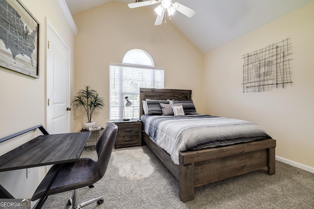 bedroom with ceiling fan, vaulted ceiling, light carpet, and baseboards