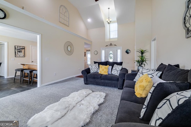living room featuring high vaulted ceiling, dark carpet, and baseboards