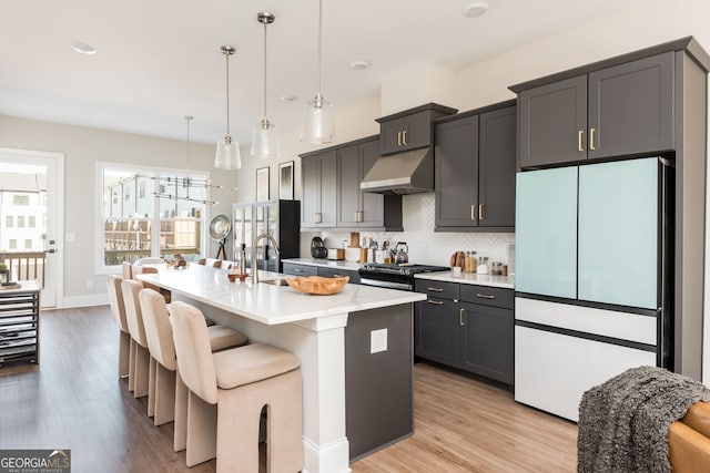 kitchen with a sink, freestanding refrigerator, under cabinet range hood, and light wood-type flooring