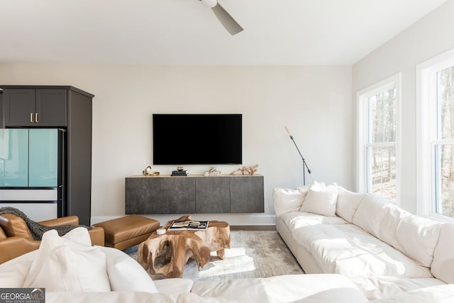 living room with ceiling fan, a wealth of natural light, wood finished floors, and baseboards