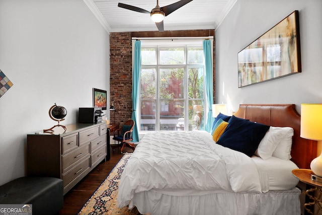110 Barnard St, Savannah, GA 31401 - bedroom with dark wood finished floors, a ceiling fan, and crown molding