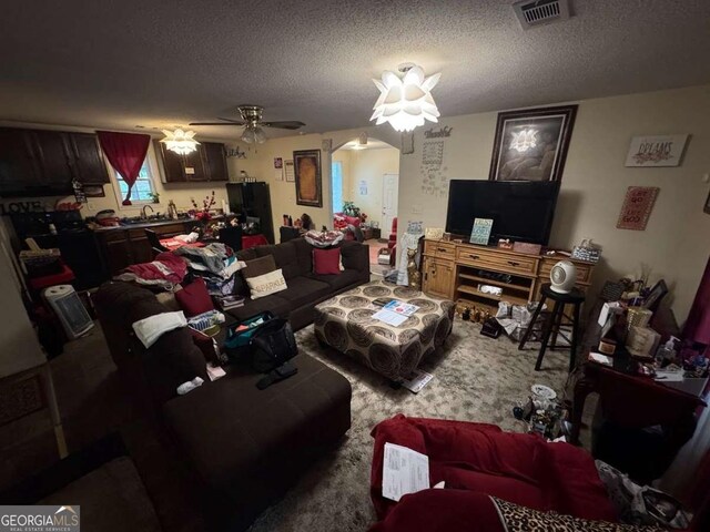 115 Sarsen Cir, Bogart, GA 30622 - living room featuring arched walkways, ceiling fan, a textured ceiling, and carpet