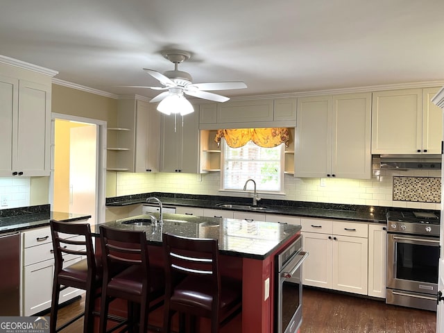 106 Zenith St, Dublin, GA 31021 - kitchen featuring a sink, under cabinet range hood, open shelves, tasteful backsplash, and appliances with stainless steel finishes