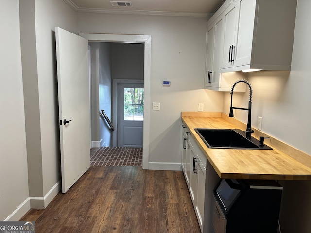 106 Zenith St, Dublin, GA 31021 - kitchen featuring wooden counters, dark wood-style floors, a sink, baseboards, and crown molding