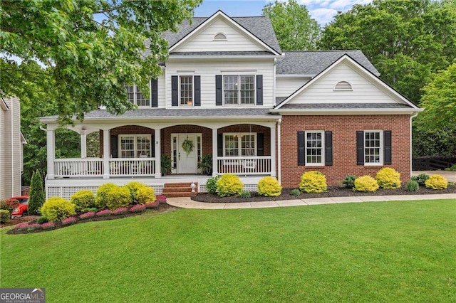 9310 Old Preserve Trl, Ball Ground, GA 30107 - view of front of home with a shingled roof, a porch, a front lawn, and brick siding