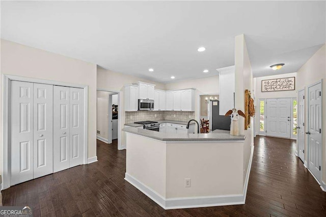 9310 Old Preserve Trl, Ball Ground, GA 30107 - kitchen featuring white cabinets, stainless steel appliances, a peninsula, decorative backsplash, and dark wood-style floors