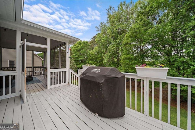 9310 Old Preserve Trl, Ball Ground, GA 30107 - wooden terrace with a sunroom and a grill