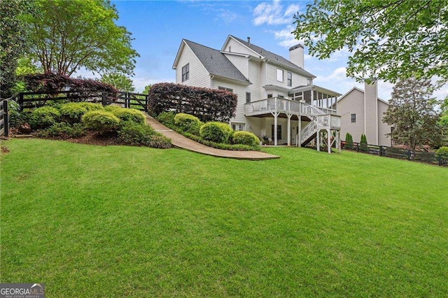 9310 Old Preserve Trl, Ball Ground, GA 30107 - rear view of house with stairs, a deck, and a chimney