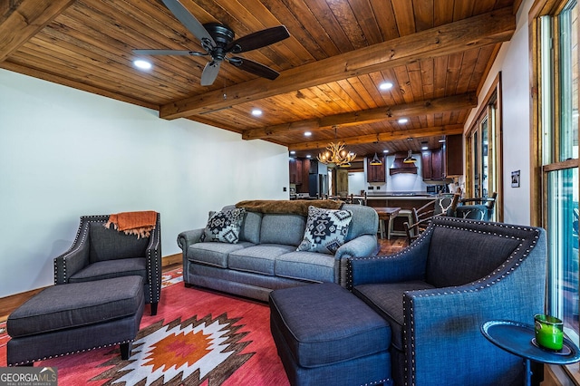 480 Riveredge Ln # 9063, Ellijay, GA 30540 - living room with recessed lighting, wood finished floors, wood ceiling, beamed ceiling, and ceiling fan with notable chandelier