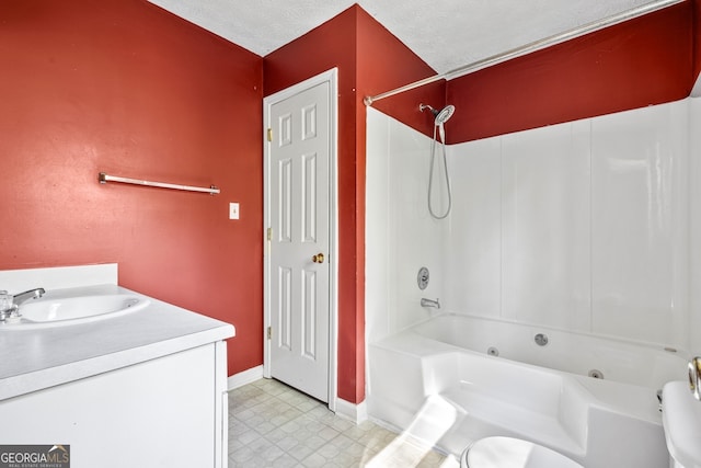 full bathroom with vanity, a combined bath / shower with jetted tub, tile patterned floors, and baseboards