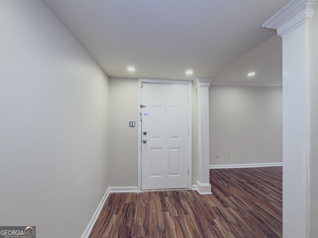 3301 Henderson Mill Rd Unit D3, Atlanta, GA 30341 - entrance foyer with ornate columns, baseboards, recessed lighting, and dark wood-type flooring