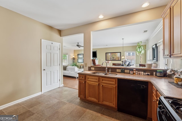 kitchen featuring brown cabinets, a sink, range with gas cooktop, black dishwasher, and a peninsula