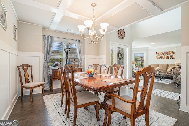 3399 In Bloom Way, Auburn, GA 30011 - dining space with coffered ceiling, dark wood-style floors, a chandelier, a wainscoted wall, and a decorative wall