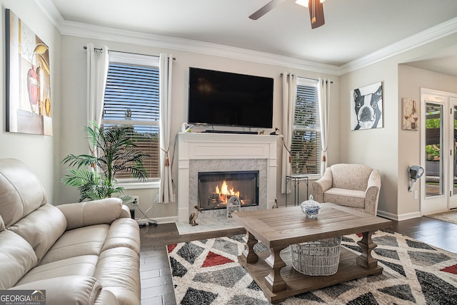 3399 In Bloom Way, Auburn, GA 30011 - living room with dark wood finished floors, baseboards, plenty of natural light, and crown molding