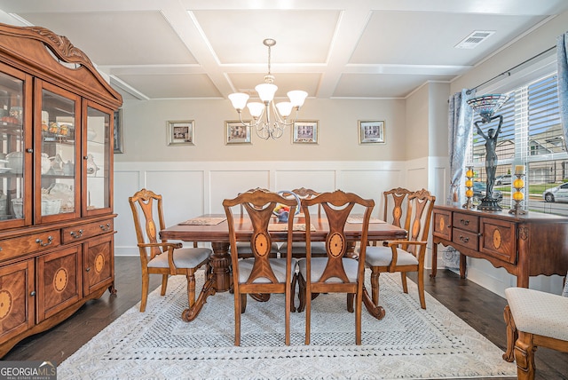 3399 In Bloom Way, Auburn, GA 30011 - dining area featuring a chandelier, dark wood finished floors, coffered ceiling, wainscoting, and a decorative wall