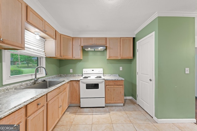 2823 Connally Dr SW, Atlanta, GA 30311 - kitchen with electric range, under cabinet range hood, a sink, light brown cabinetry, and ornamental molding
